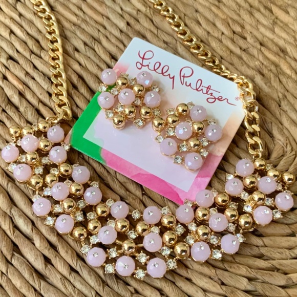 Lilly Pulitzer NWT “Pop The Bubbly”  PINK CRYSTAL CLUSTER NECKLACE/EARRINGS SET - Picture 6 of 16